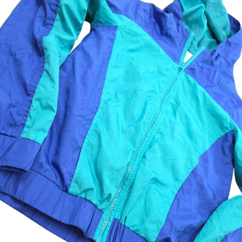 Y2K The Childrens Place Kids Blue Teal Colorblock Hooded Windbreaker Jacket 2007